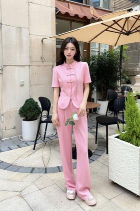 HAYES 粉色新中式盘扣上衣长裤套装 20330