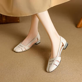 【预售5天】法式编织镂空低跟单鞋女新款夏真皮方头浅口凉鞋通勤小皮鞋NJMK&K1619