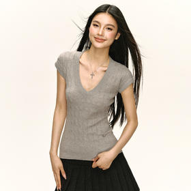 Ariseism美式复古v领针织短袖T恤女2025夏季新款辣妹修身上衣