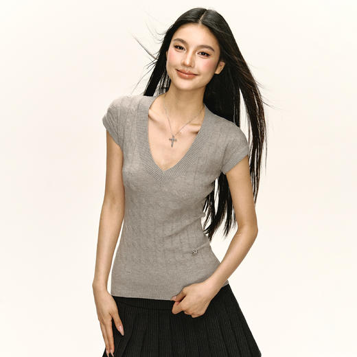 Ariseism美式复古v领针织短袖T恤女2025夏季新款辣妹修身上衣 商品图0