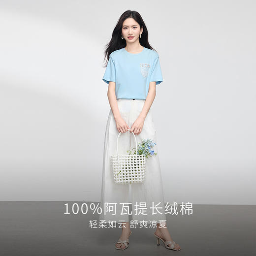 【专属特价】熙世界设计感蕾丝口袋纯棉T恤短袖女时尚减龄蓝色上衣2025夏新款 商品图3