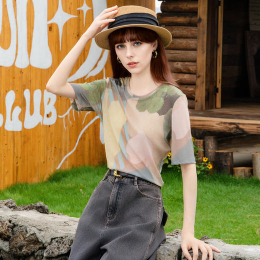 谜底网纱T恤短袖女2025秋季新款复古风圆领薄款修身上衣257MT7811 商品图1