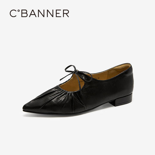 千百度褶皱羊皮粗跟玛丽珍鞋女低跟浅口休闲舒适单鞋A25411559 商品图1