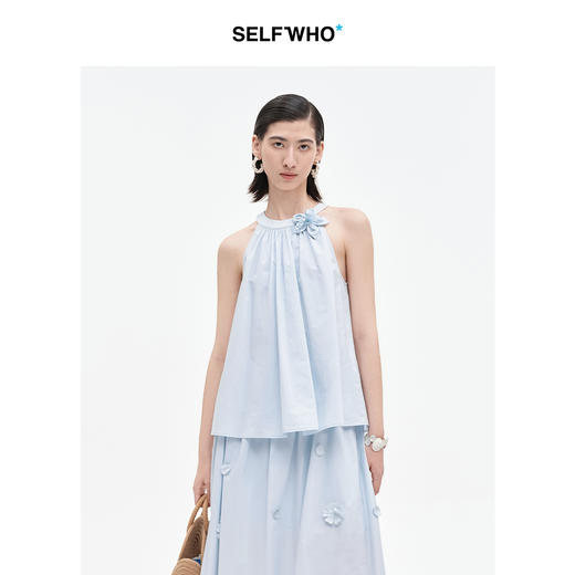 SELFWHO纯棉可拆卸钉珠花朵背心女2025夏新款抽褶A摆无袖上衣 商品图0