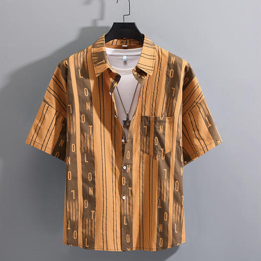 【特大码】【DFF】320斤大码短袖衬衫粗条纹工装男士t恤加肥加胖子男装夏天纯棉衬衣 商品图1