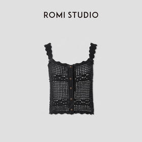 ROMI STUDIO“纵横交织”黑色全棉复古钩针编织镂空背心 RWCRSZ3441