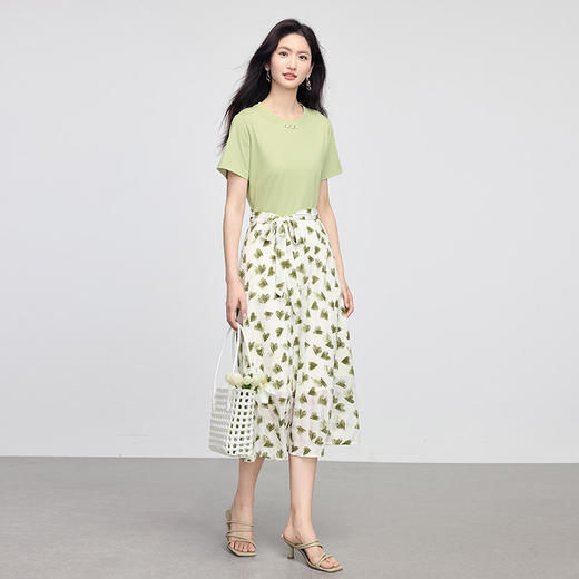 熙世界短袖T恤拼接碎花连衣裙女假两件收腰显瘦裙子2025夏季新款 商品图4