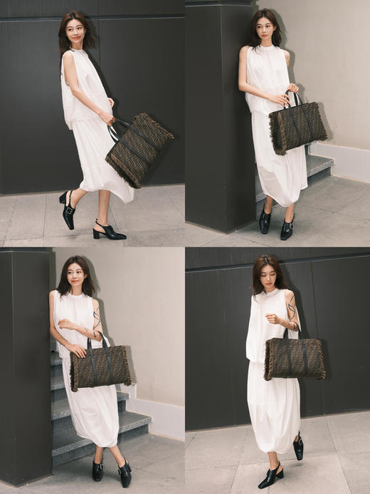 HIDEMI 【侯佩岑同款】进口牛皮金属扣搭襻设计感尖方头粗跟可调节扣高跟鞋单鞋 黑色/白色 商品图4