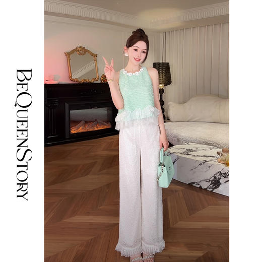 BeQueenStory【月绘诗集】手工立体花朵拼花边小香风马夹&蕾丝长裤 商品图0