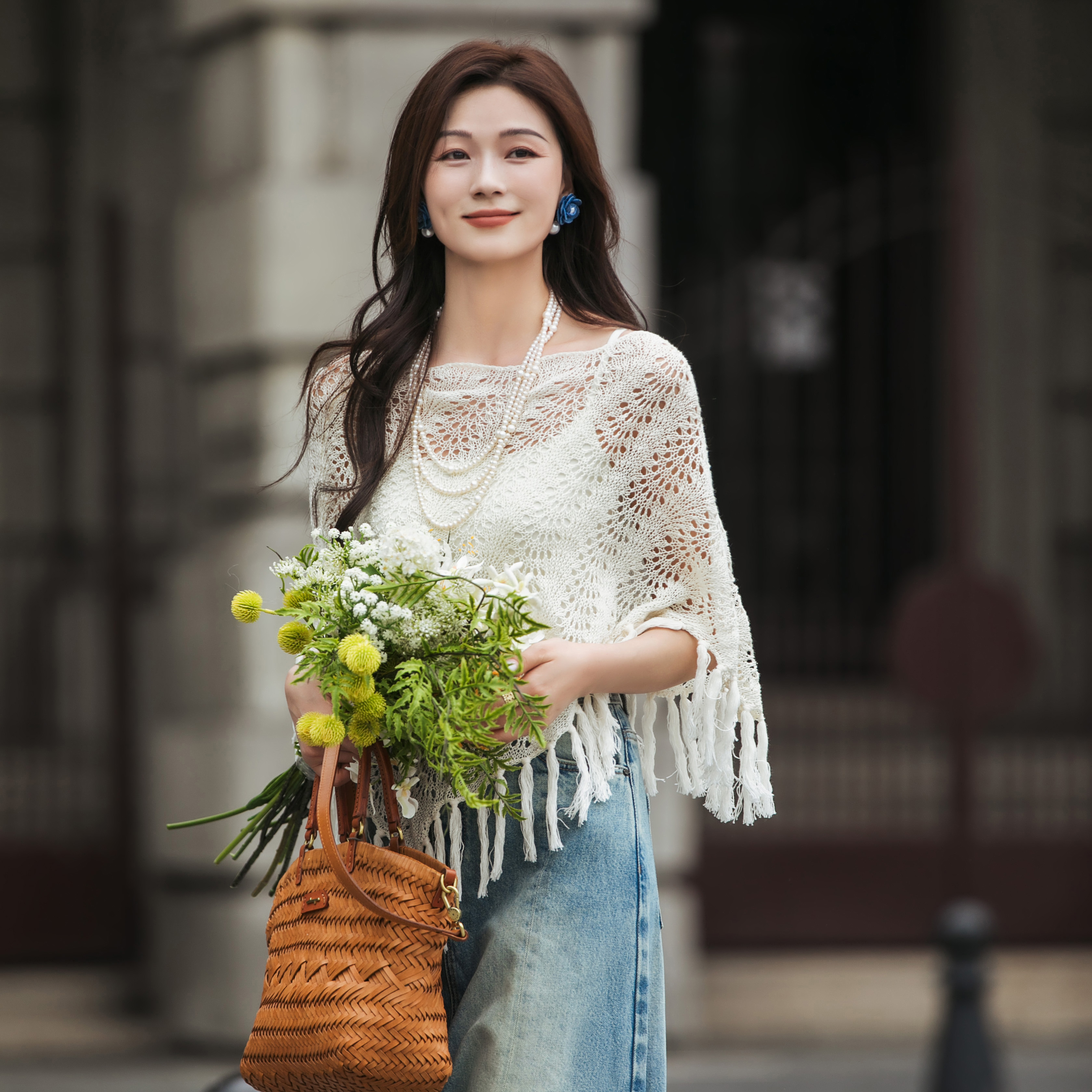 【林栖设计小店】（米白色预售4.3号，酒红色现货）亚麻披肩多色镂空设计复古优雅百搭2025夏季新款围巾女F2952508