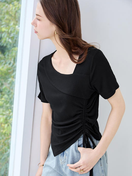 【百图lulu定制】【褶皱T恤】betu百图设计感抽绳收腰显瘦T恤女短袖2025年夏季新款褶皱小衫 商品图11