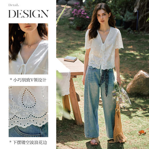 OLrain欧芮儿镂空蕾丝系带短袖小衫女夏季2025新款小个子雪纺衫 商品图1