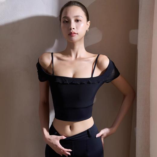 跃牌【禅语梵心】纯欲风花边网纱瑜伽服短袖带胸垫跑步运动文胸一体杯健身服DX5440 商品图3