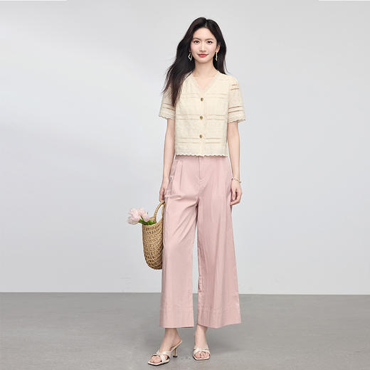 【专属特价】熙世界纯棉花边蕾丝V领衬衫女短袖高级感镂空短款上衣2025夏新款 商品图1