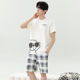 【新款男士睡衣套装！卡通设计可外穿】夏季新款男士睡衣 拉架仿棉短袖短裤 圆领卡通可外穿家居服套装-QQ