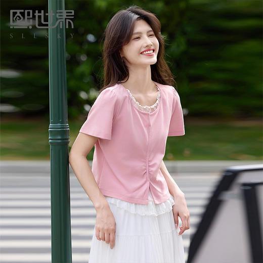 【专属特价】熙世界法式蕾丝花边拼接短袖T恤女设计感假两件上衣2025夏日新款 商品图0