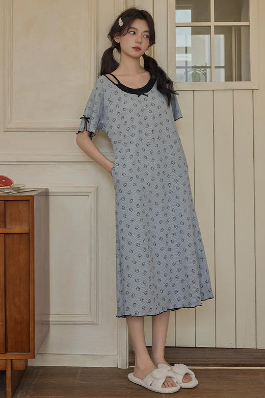 【GZ】无忧购冰丝螺纹假两件睡裙家居服带胸垫（截单后3-5天发货) 商品图4