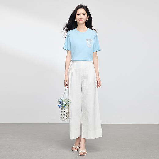 【专属特价】熙世界设计感蕾丝口袋纯棉T恤短袖女时尚减龄蓝色上衣2025夏新款 商品图2