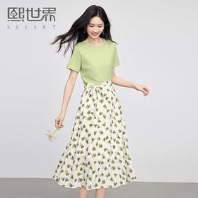 熙世界短袖T恤拼接碎花连衣裙女假两件收腰显瘦裙子2025夏季新款