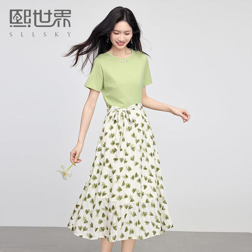熙世界短袖T恤拼接碎花连衣裙女假两件收腰显瘦裙子2025夏季新款 商品图0