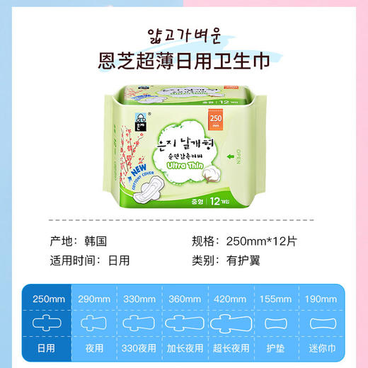 【2包装】恩芝(Eunjee)韩国进口超薄透气护翼型姨妈巾日用卫生巾250mm*12片/包 商品图1