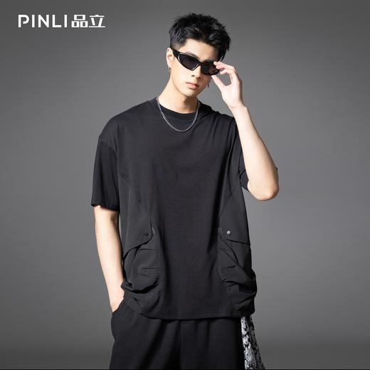 PINLI品立2025夏季新款男士圆领落肩个性口袋装饰短袖T恤宽松上衣B252111070 商品图0