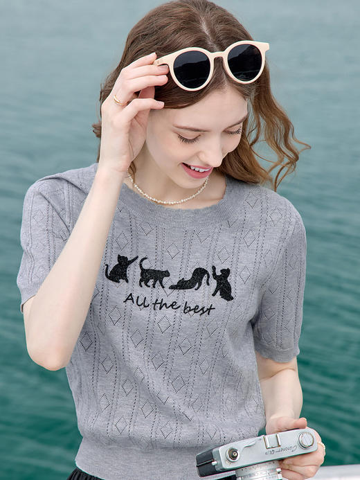 【百图lulu定制】【黑猫针织衫】夏季 轻薄  金线黑猫  招财又时髦短袖针织衫 商品图8