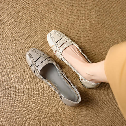 【预售5天】法式编织镂空低跟单鞋女新款夏真皮方头浅口凉鞋通勤小皮鞋NJMK&K1619 商品图4