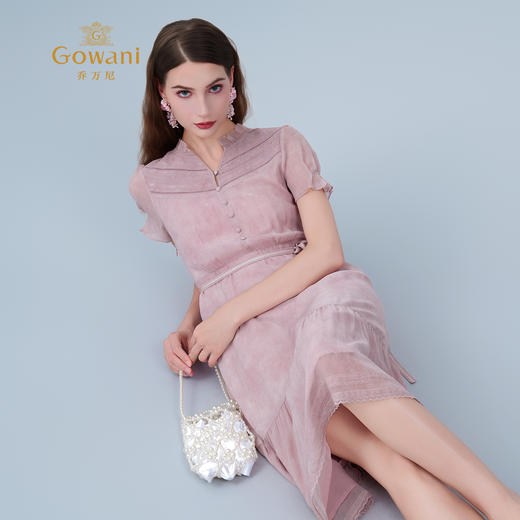 乔万尼新品2025100%真丝晕染浪漫木耳边V领收腰连衣裙ED2E408 商品图1