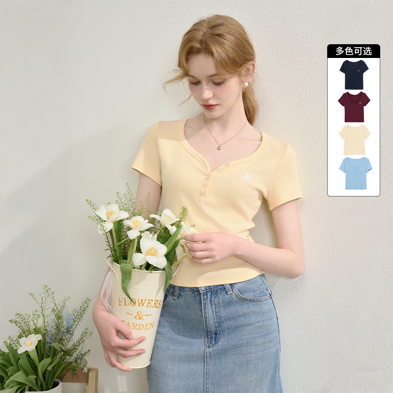 【限时秒杀】法式复古刺绣正肩大领口短袖T恤女夏季弹力修身短款上衣V0050353