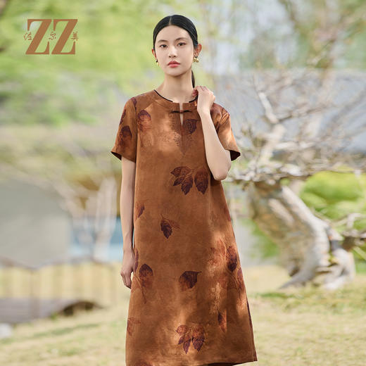 佐尔美优雅国风新中式100%桑蚕丝连衣裙女M52LS20 商品图0
