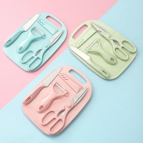 【新款婴儿辅食刀具套装，四件套组合！】婴儿辅食刀具套装 厨房刀具不锈钢水果刀 塑料菜板组合剪刀四件套-QQ