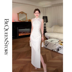 BeQueenStory【卿卿白玉】重工层次感拼刺绣蕾丝旗袍收腰开叉连衣裙