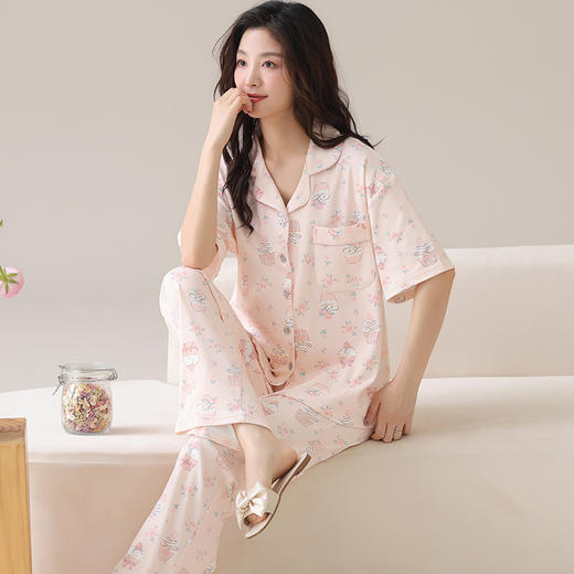 【裸感清凉，舒享夏夜~】睡衣女短袖长裤 甜美夏季套装 可外穿新款夏款 莫代尔家居服-QQ 商品图1