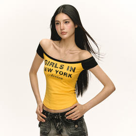 Ariseism 美式复古辣妹撞色一字肩短袖T恤女2025夏季新款修身上衣