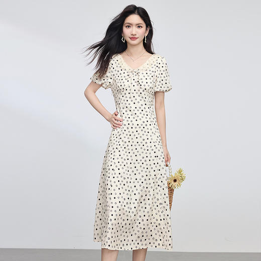 熙世界法式高级感波点连衣裙女夏气质浪漫蕾丝花边V领度假长裙子 商品图3