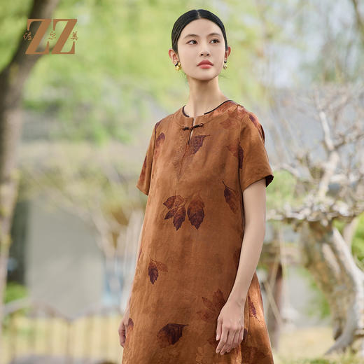 佐尔美优雅国风新中式100%桑蚕丝连衣裙女M52LS20 商品图3
