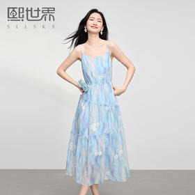 【专属特价】熙世界夏日绝美蓝色连衣裙女2025年新款收腰显瘦气质V领吊带裙子