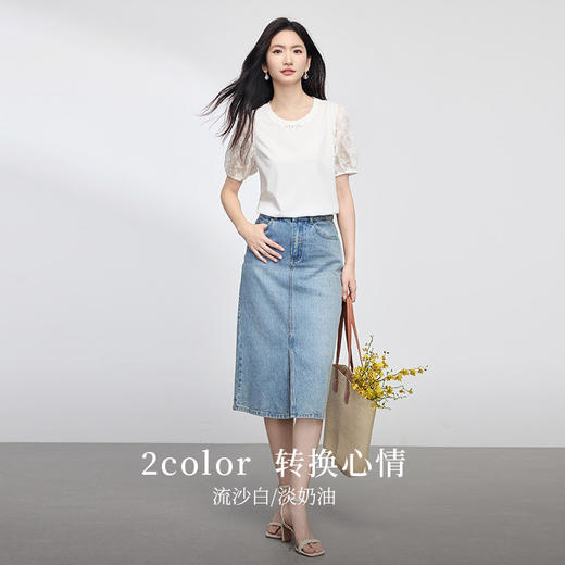 【专属特价】熙世界蕾丝短袖拼接白色T恤女2025年夏季新款圆领设计感体恤上衣 商品图3