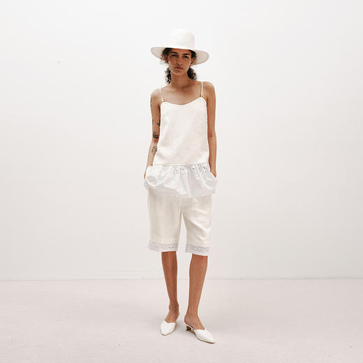 NUTH波西米亚镂空蕾丝白色凉感亚麻天丝宽松直筒五分中裤女 商品图0