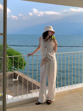 浮生八记/25A063/5A064/法式复古砂洗工艺刺绣白色马甲长裤短裤