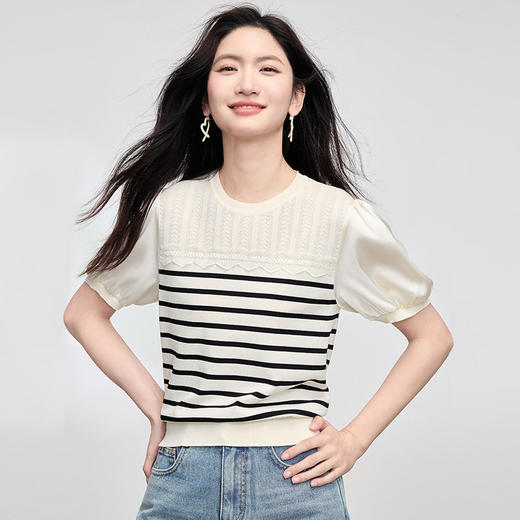 熙世界2025夏新款航海系黑白条纹针织衫女薄款休闲百搭泡泡袖上衣 商品图3