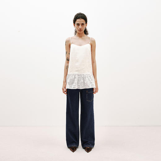 NUTH镂空蕾丝白色清凉感亚麻拼接吊带上衣女 商品图1