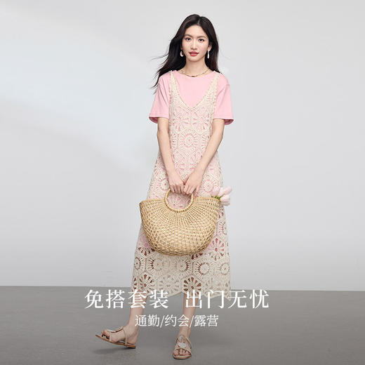 【专属特价】熙世界波嬉风钩花镂空背心连衣裙套装女夏季短袖T恤吊带裙两件套 商品图2