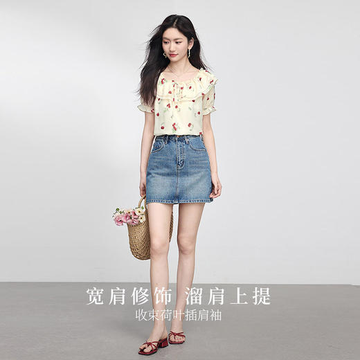 熙世界法式樱桃印花雪纺衫女夏2025新款双层花边领荷叶袖小衫上衣 商品图2