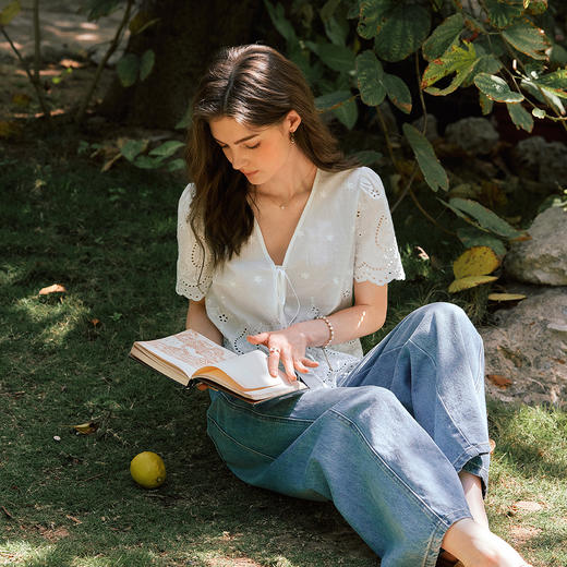 OLrain欧芮儿镂空蕾丝系带短袖小衫女夏季2025新款小个子雪纺衫 商品图3