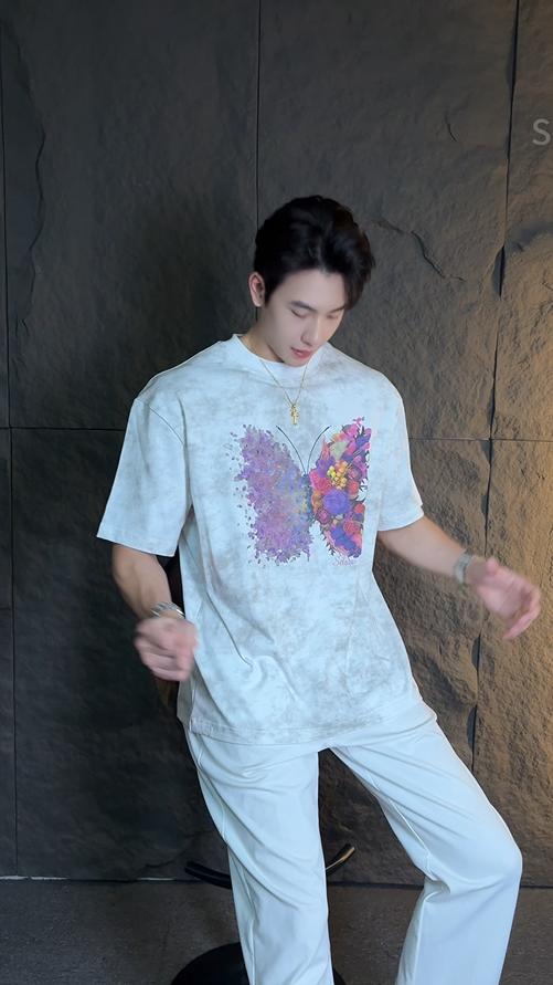 T3576夏季高级感新款男士简约胸前蝴蝶印花圆领短袖T恤百搭时尚上衣 商品图0