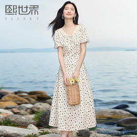 熙世界法式高级感波点连衣裙女夏气质浪漫蕾丝花边V领度假长裙子