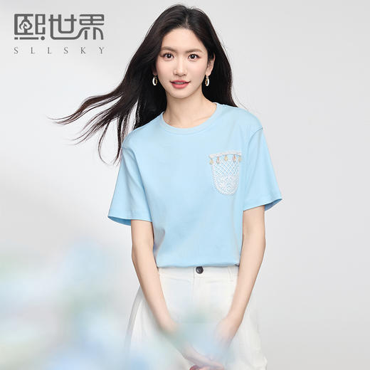 【专属特价】熙世界设计感蕾丝口袋纯棉T恤短袖女时尚减龄蓝色上衣2025夏新款 商品图0