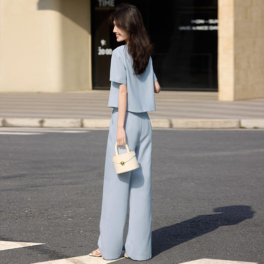 【周末秒杀】熙世界千金小香风蓝色套装女夏季新款高级感短袖开衫阔腿裤两件套 商品图4